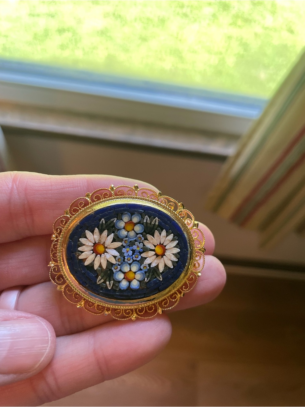 Micro Mosaic Floral Oval Brooch - Blue and Gold